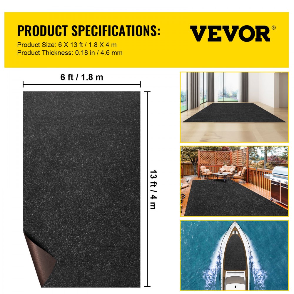 VEVOR Marine Carpet, 6 x 13 ft Boat Carpeting, Charcoal Black Marine Grade Boat Carpet, Indoor/Outdoor Marine Carpeting with Water-proof TPR Backing, Water-proof Carpet Roll for Home, Patio, Porch, De