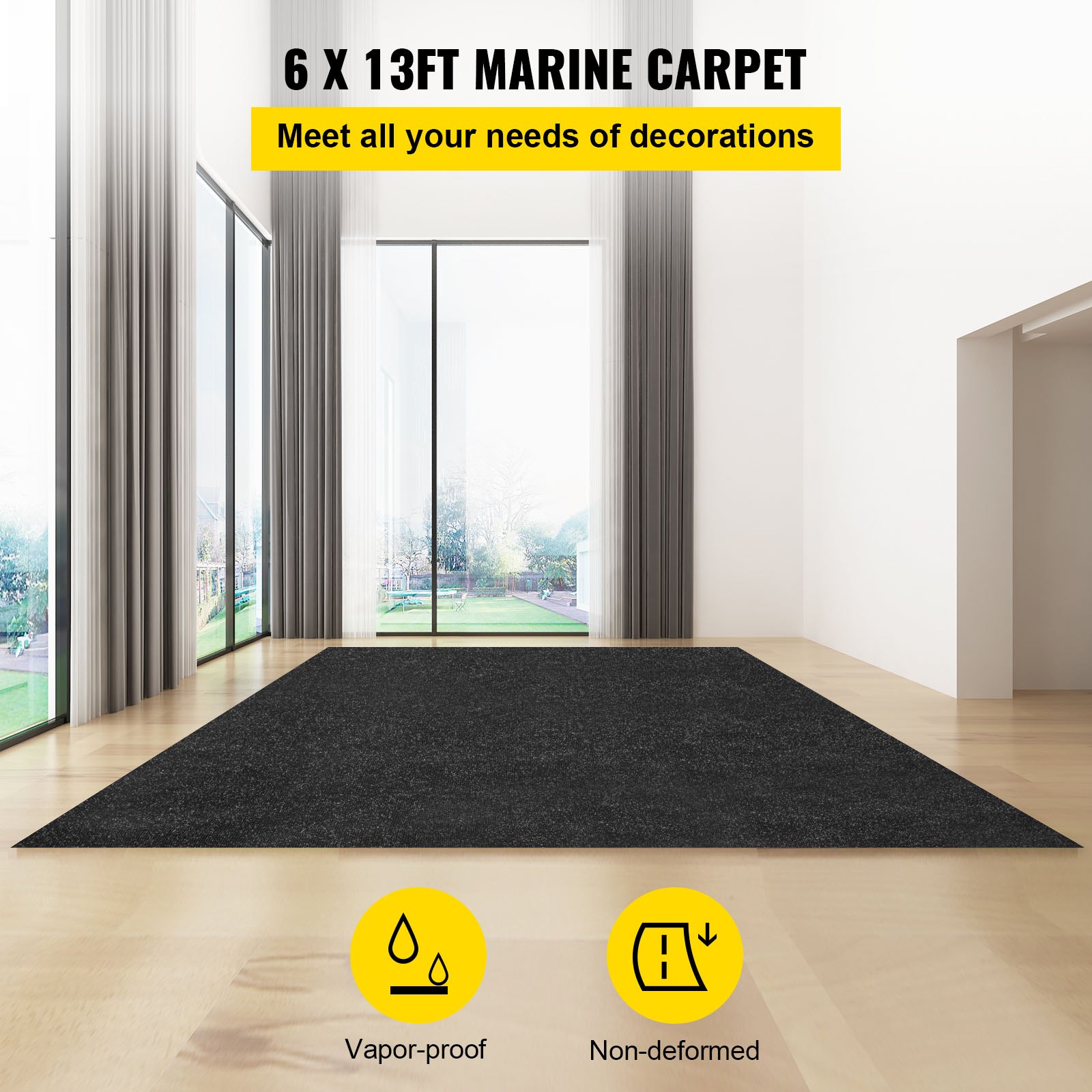 VEVOR Marine Carpet, 6 x 13 ft Boat Carpeting, Charcoal Black Marine Grade Boat Carpet, Indoor/Outdoor Marine Carpeting with Water-proof TPR Backing, Water-proof Carpet Roll for Home, Patio, Porch, De