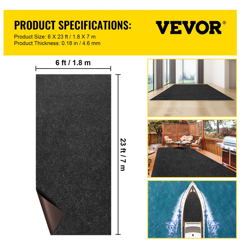 VEVOR Marine Carpet, 6 x 23 ft Boat Carpeting, Charcoal Black Marine Grade Boat Carpet, Indoor/Outdoor Marine Carpeting with Water-proof TPR Backing, Water-proof Carpet Roll for Home, Patio, Porch, De