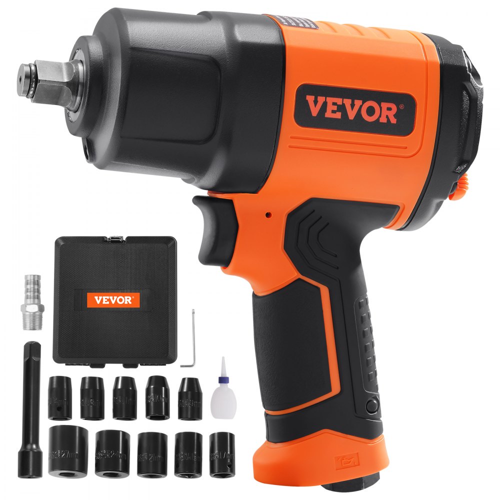 VEVOR 1/2-Inch Air Impact Wrench, High Torque Up to 1400 ft-lbs, Lightweight 4.6 lb Design Pneumatic Impact Gun with 11-PCS 1/2-Inch Drive CR-V Steel Impact Socket Set & Carrying Case