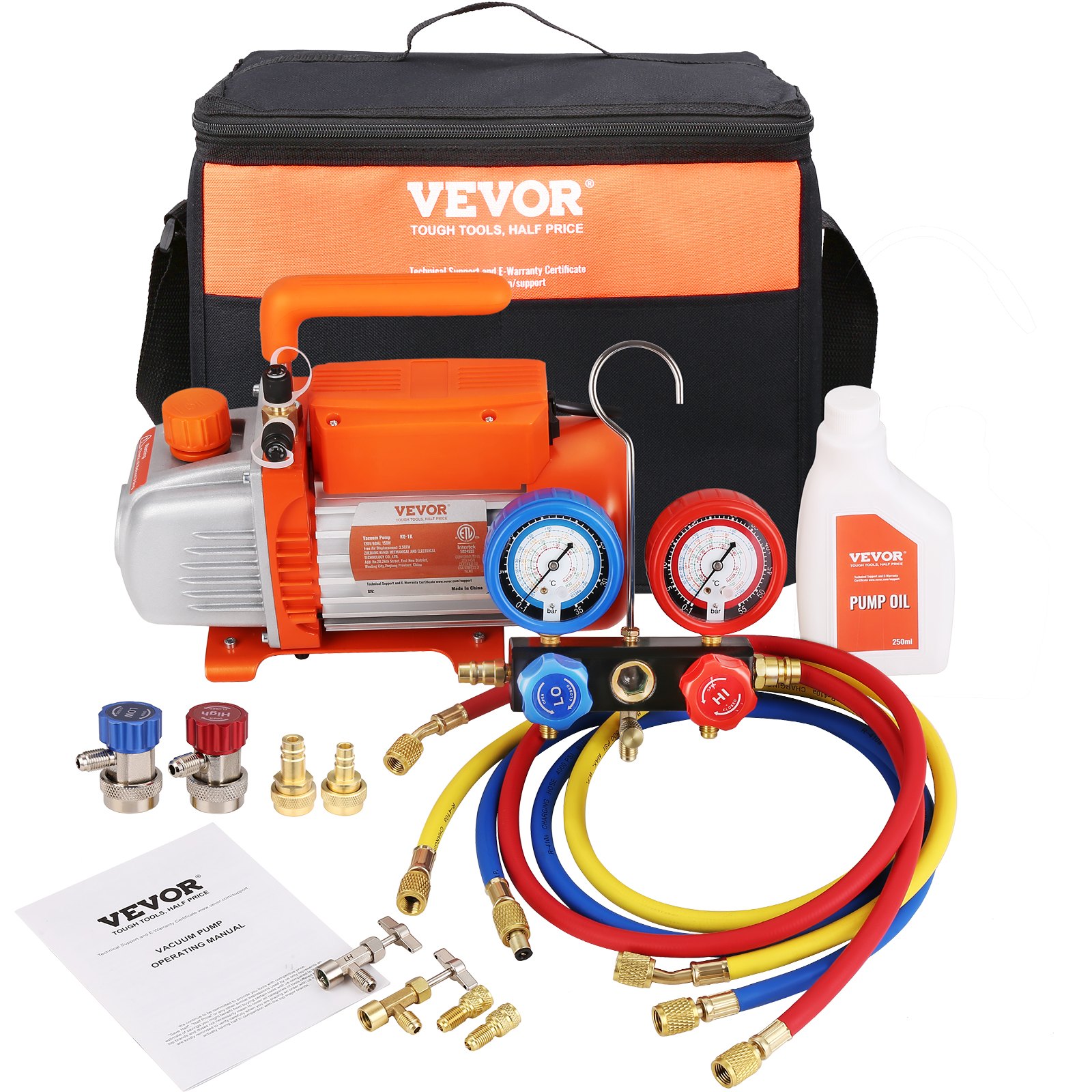 1/5 HP 3.5 CFM AC Vacuum Pump and Gauge Set, Single Stage Rotary Vane HVAC Air Vacuum Pump A/C Refrigerant Kit Manifold Gauge Set, with Three-Color Hose Carry Bag, Applicable to R134a, R1234yf 1/5 HP 3.5 CFM AC Vacuum Pump and Gauge Set, Single Stage Rotary Vane HVAC Air Vacuum Pump A/C Refrigerant Kit Manifold Gauge Set, with Three-Color Hose Carry Bag, Applicable to R134a, R1234yf