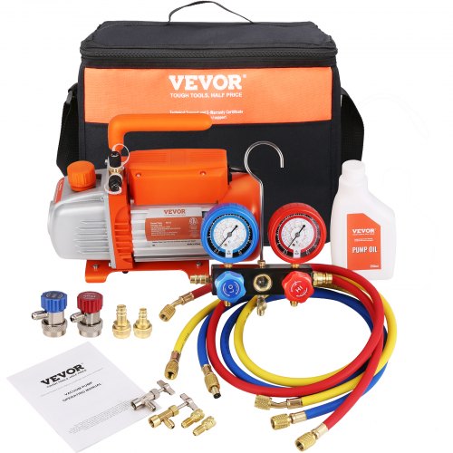 VEVOR 1/5 HP 3.5 CFM AC Vacuum Pump and Gauge Set, Single Stage Rotary Vane HVAC Air Vacuum Pump A/C Refrigerant Kit Manifold Gauge Set, with Three-Color Hose Carry Bag, Applicable to R134a, R1234yf