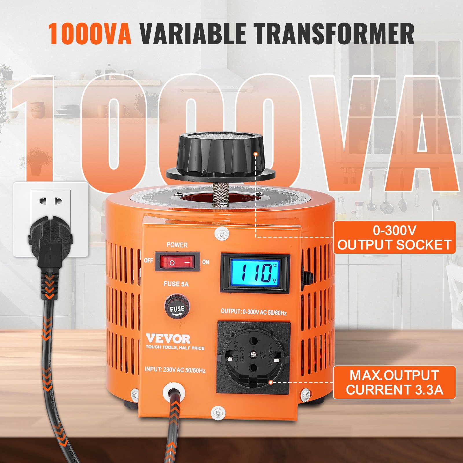 VEVOR 1000VA Auto Variable Voltage Transformer, 3.3 Amp, 230V Input 0-300V Output AC Voltage Regulator, with LCD Display 4 Extra Fuses Thermal Control Switch for Home Industrial Office, CE-Certified