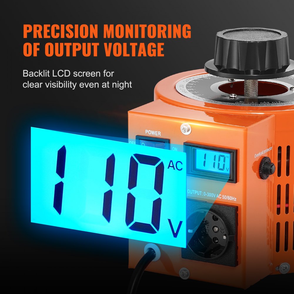 VEVOR 2000VA Auto Variable Voltage Transformer, 6.6 Amp, 230V Input 0-300V Output AC Voltage Regulator, with LCD Display 4 Extra Fuses Thermal Control Switch for Home Industrial Office, CE-Certified