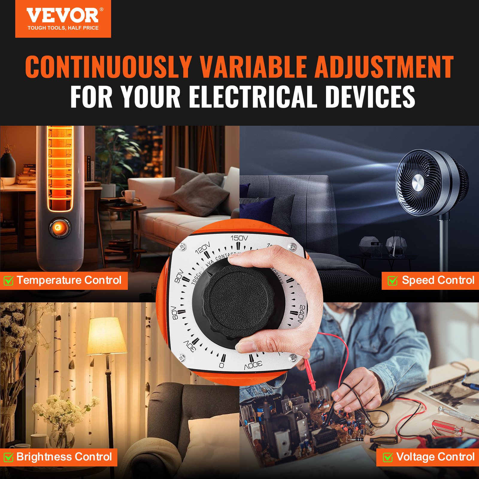 VEVOR 2000VA Auto Variable Voltage Transformer, 6.6 Amp, 230V Input 0-300V Output AC Voltage Regulator, with LCD Display 4 Extra Fuses Thermal Control Switch for Home Industrial Office, CE-Certified