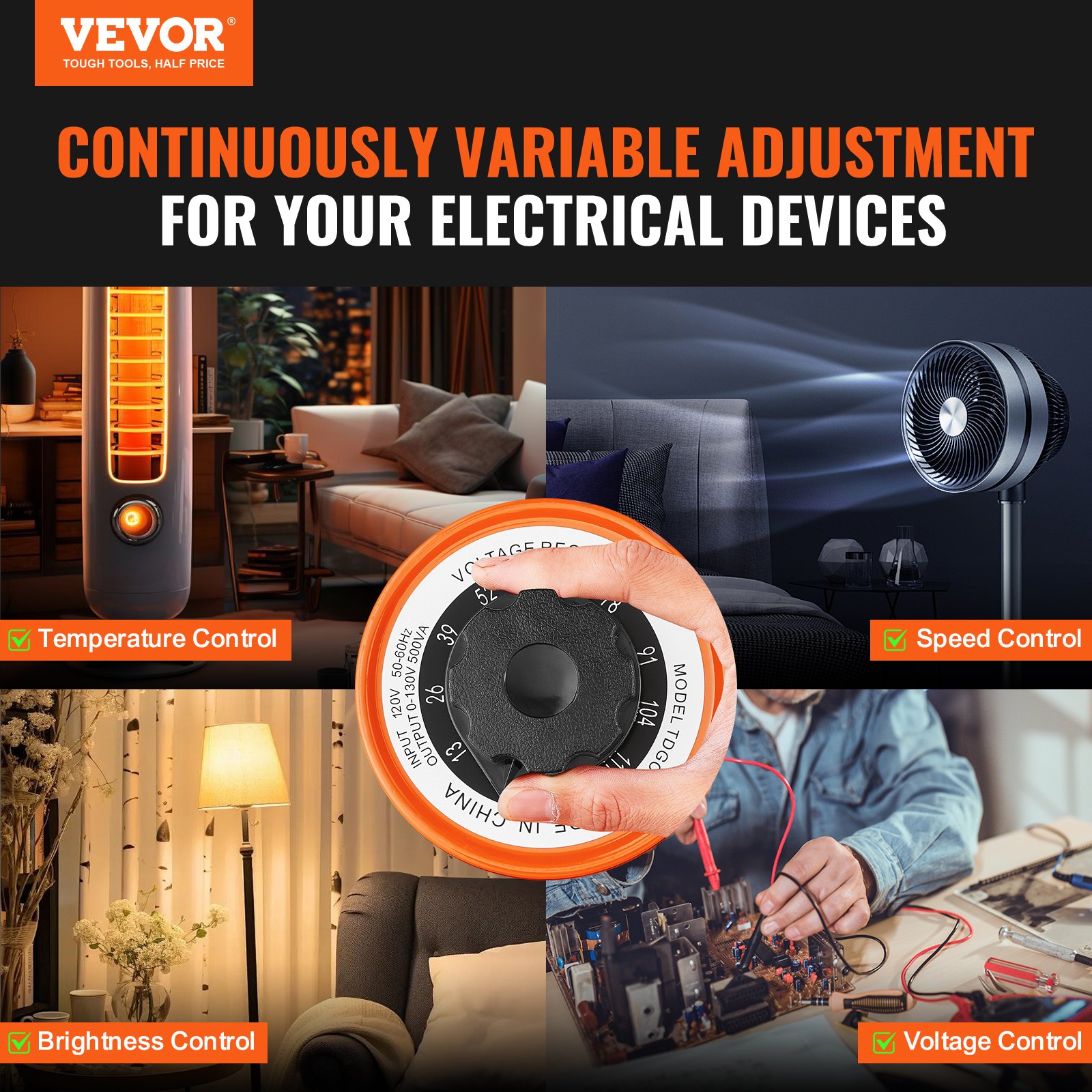 VEVOR 500VA Auto Variable Voltage Transformer, 3.84 Amp, 110V Input 0-130V Output AC Voltage Regulator, with LCD Display 4 Extra Fuses Thermal Control Switch for Home Industrial Office