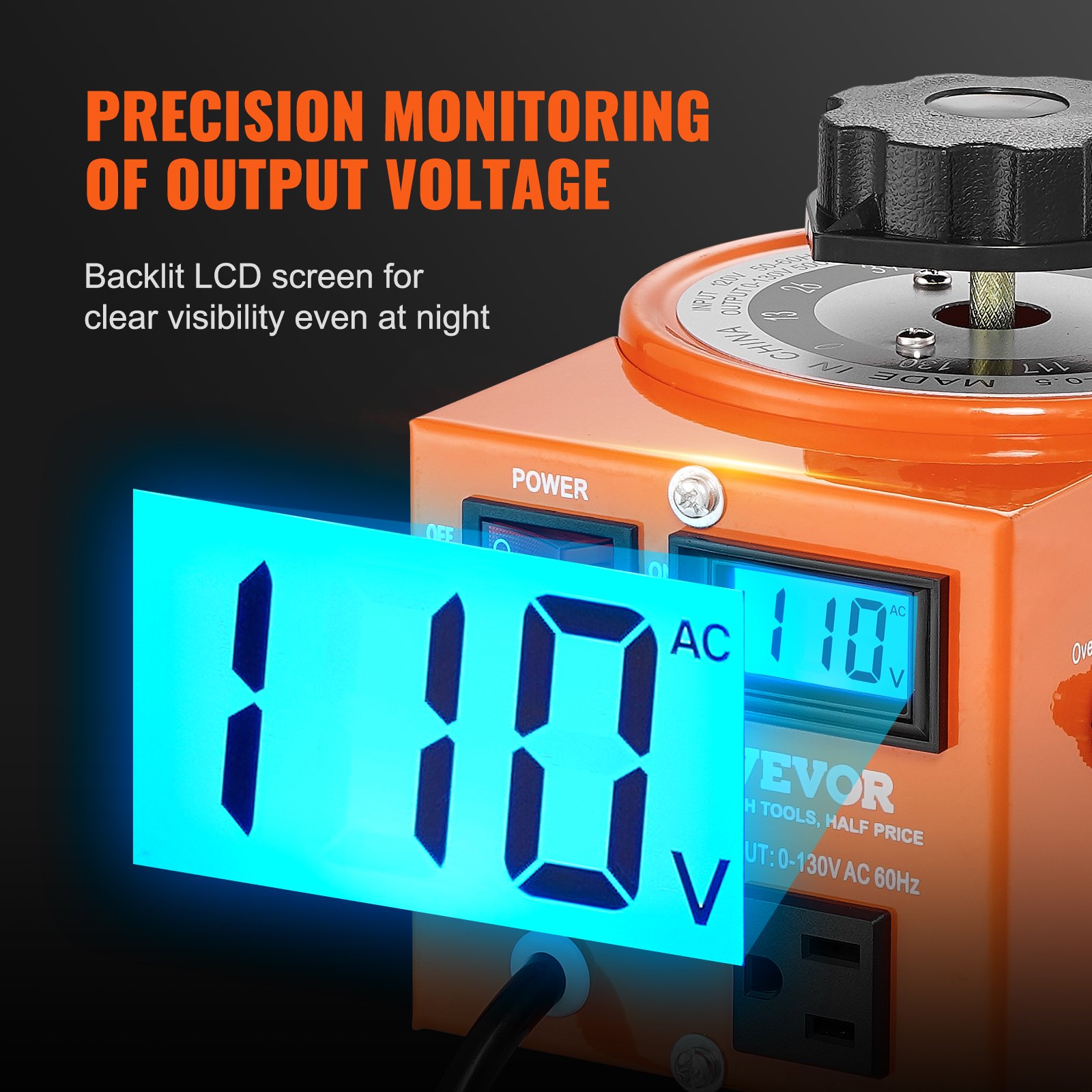 VEVOR 500VA Auto Variable Voltage Transformer, 3.84 Amp, 110V Input 0-130V Output AC Voltage Regulator, with LCD Display 4 Extra Fuses Thermal Control Switch for Home Industrial Office