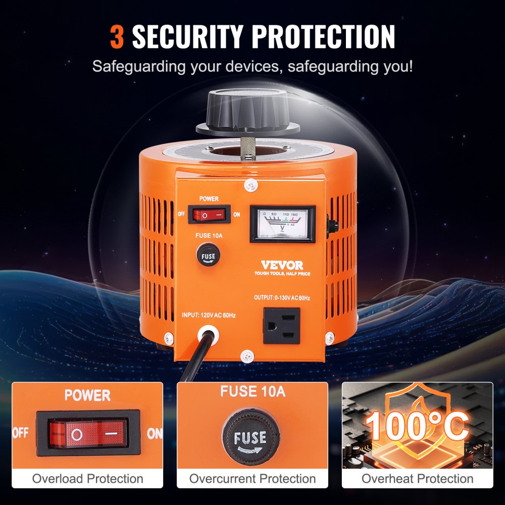 VEVOR 1000VA Auto Variable Voltage Transformer, 7.69 Amp, 110V Input 0-130V Output AC Voltage Regulator Power Supply, with 4 Extra Fuses Thermal Control Switch for Home Industrial Office