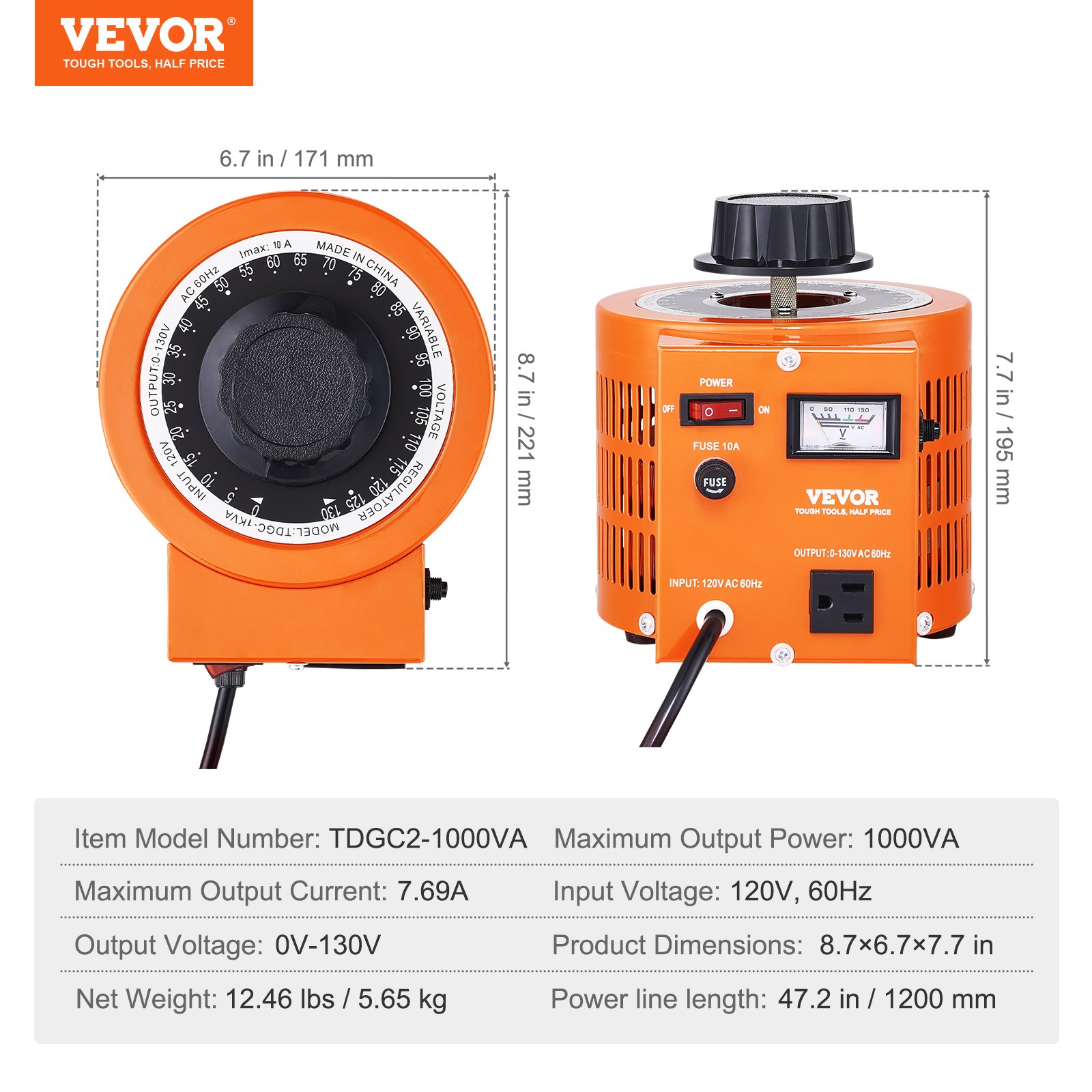 VEVOR 1000VA Auto Variable Voltage Transformer, 7.69 Amp, 110V Input 0-130V Output AC Voltage Regulator Power Supply, with 4 Extra Fuses Thermal Control Switch for Home Industrial Office