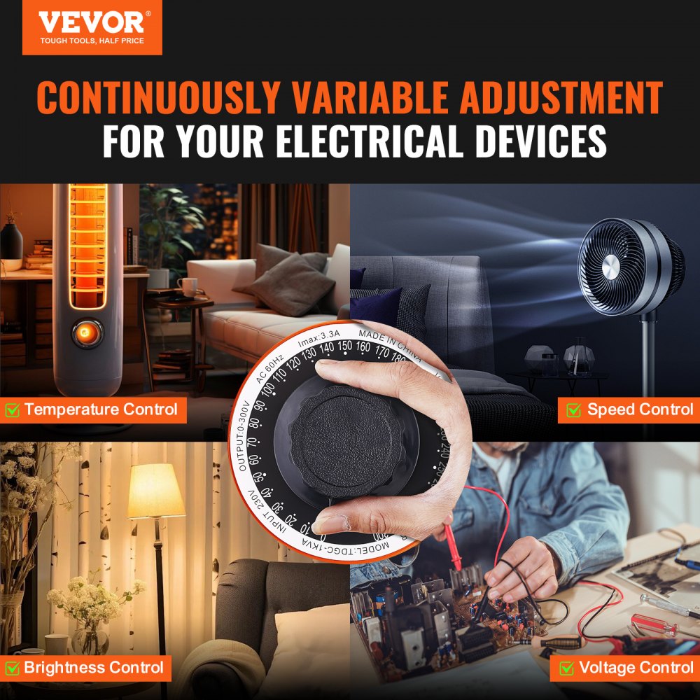 VEVOR 1000VA Auto Variable Voltage Transformer, 3.3 Amp, 230V Input 0-300V Output AC Voltage Regulator Power Supply, with 4 Extra Fuses Thermal Control Switch for Home Industrial Office, CE-Certified