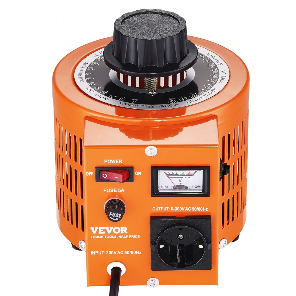 VEVOR 1000VA Auto Variable Voltage Transformer, 3.3 Amp, 230V Input 0-300V Output AC Voltage Regulator Power Supply, with 4 Extra Fuses Thermal Control Switch for Home Industrial Office, CE-Certified