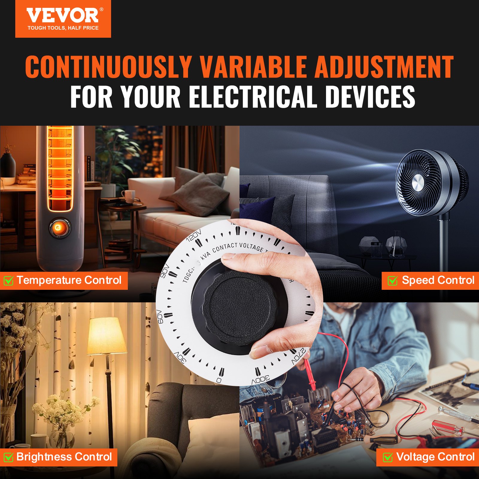 VEVOR 3000VA Auto Variable Voltage Transformer, 10 Amp, 230V Input 0-300V Output AC Voltage Regulator Power Supply, with 4 Extra Fuses Thermal Control Switch for Home Industrial Office, CE-Certified