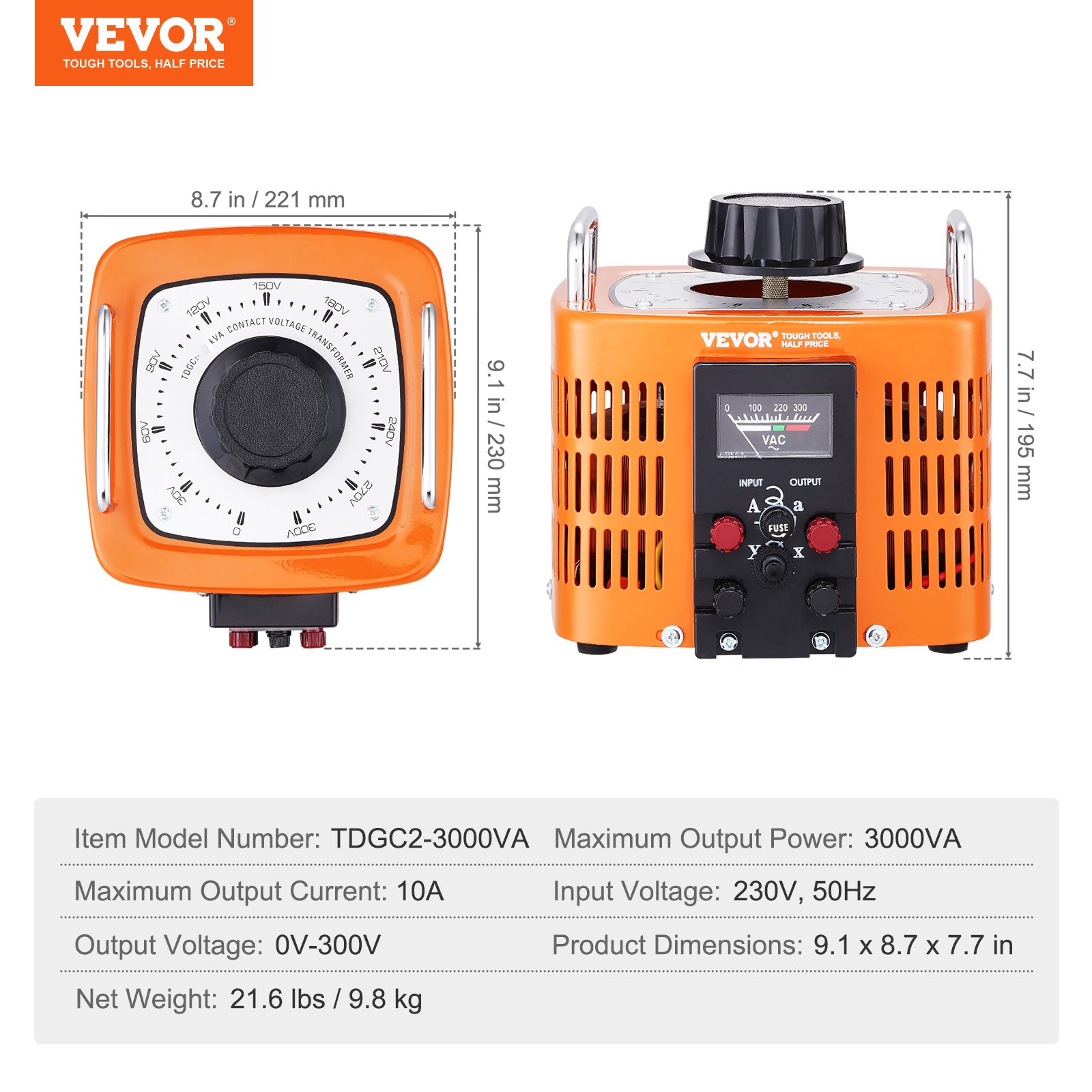VEVOR 3000VA Auto Variable Voltage Transformer, 10 Amp, 230V Input 0-300V Output AC Voltage Regulator Power Supply, with 4 Extra Fuses Thermal Control Switch for Home Industrial Office, CE-Certified