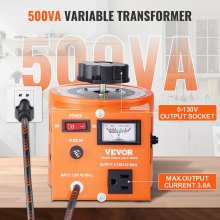 VEVOR 500VA Auto Variable Voltage Transformer, 3.84 Amp, 110V Input 0-130V Output AC Voltage Regulator Power Supply, with 4 Extra Fuses Thermal Control Switch for Home Industrial Office
