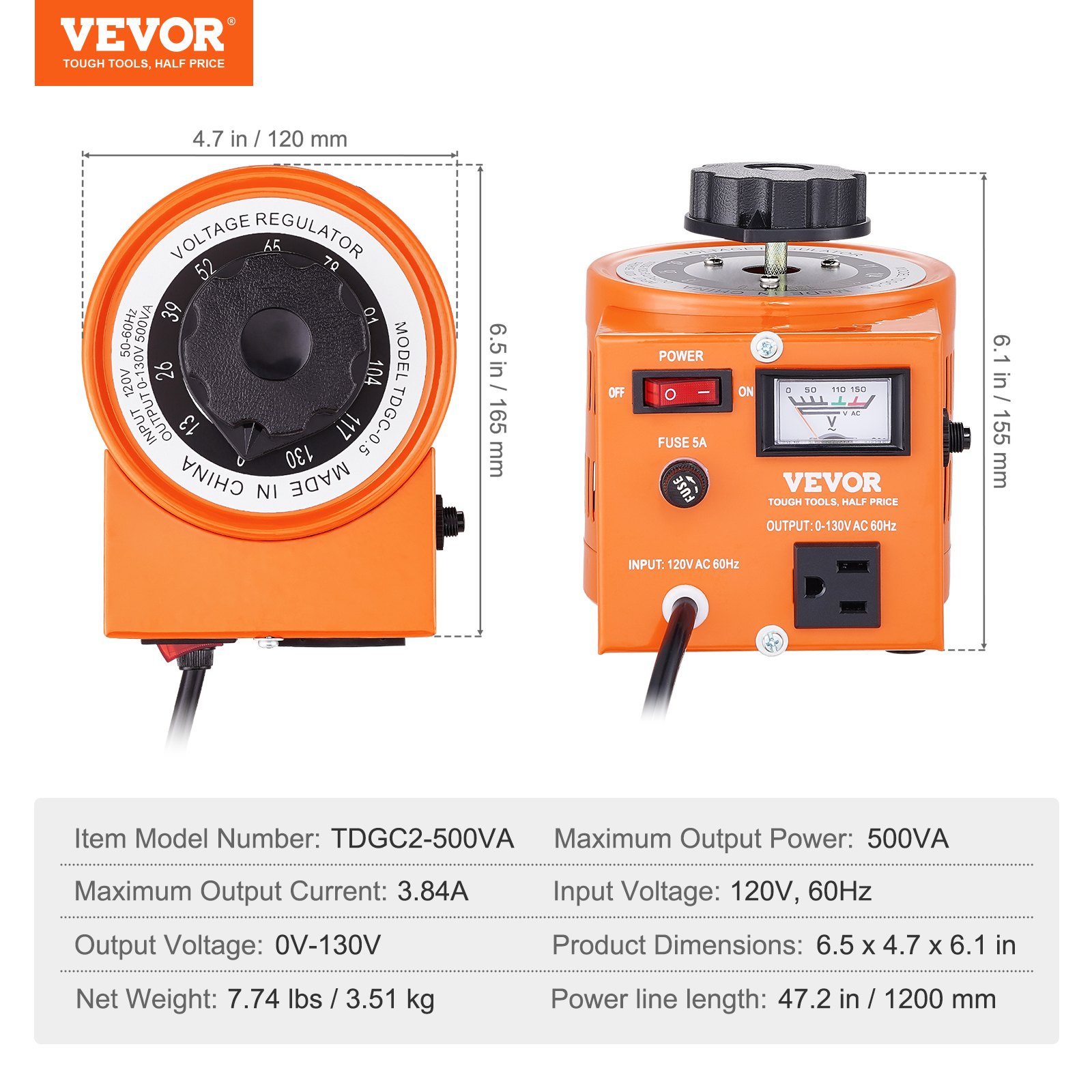 VEVOR 500VA Auto Variable Voltage Transformer, 3.84 Amp, 110V Input 0-130V Output AC Voltage Regulator Power Supply, with 4 Extra Fuses Thermal Control Switch for Home Industrial Office