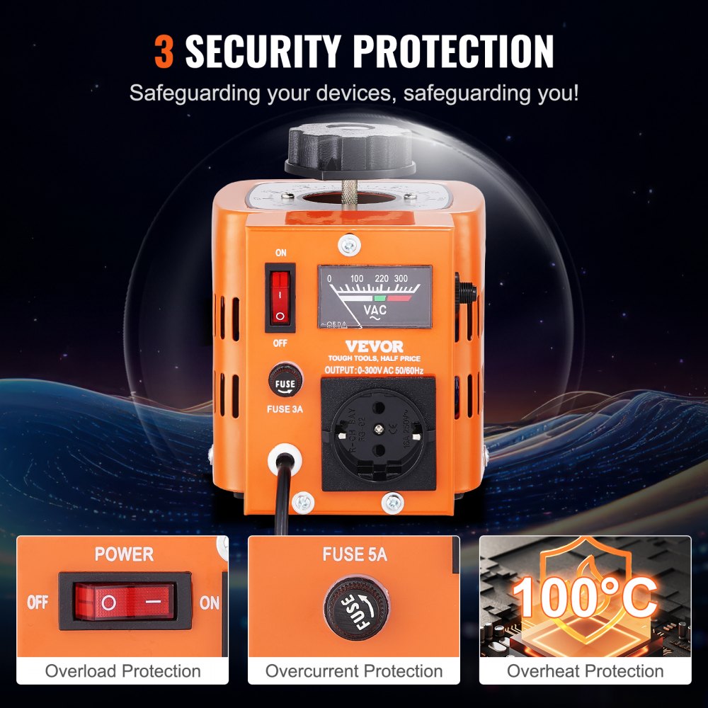 VEVOR 500VA Auto Variable Voltage Transformer, 1.7 Amp, 230V Input 0-300V Output AC Voltage Regulator Power Supply, with 4 Extra Fuses Thermal Control Switch for Home Industrial Office, CE-Certified