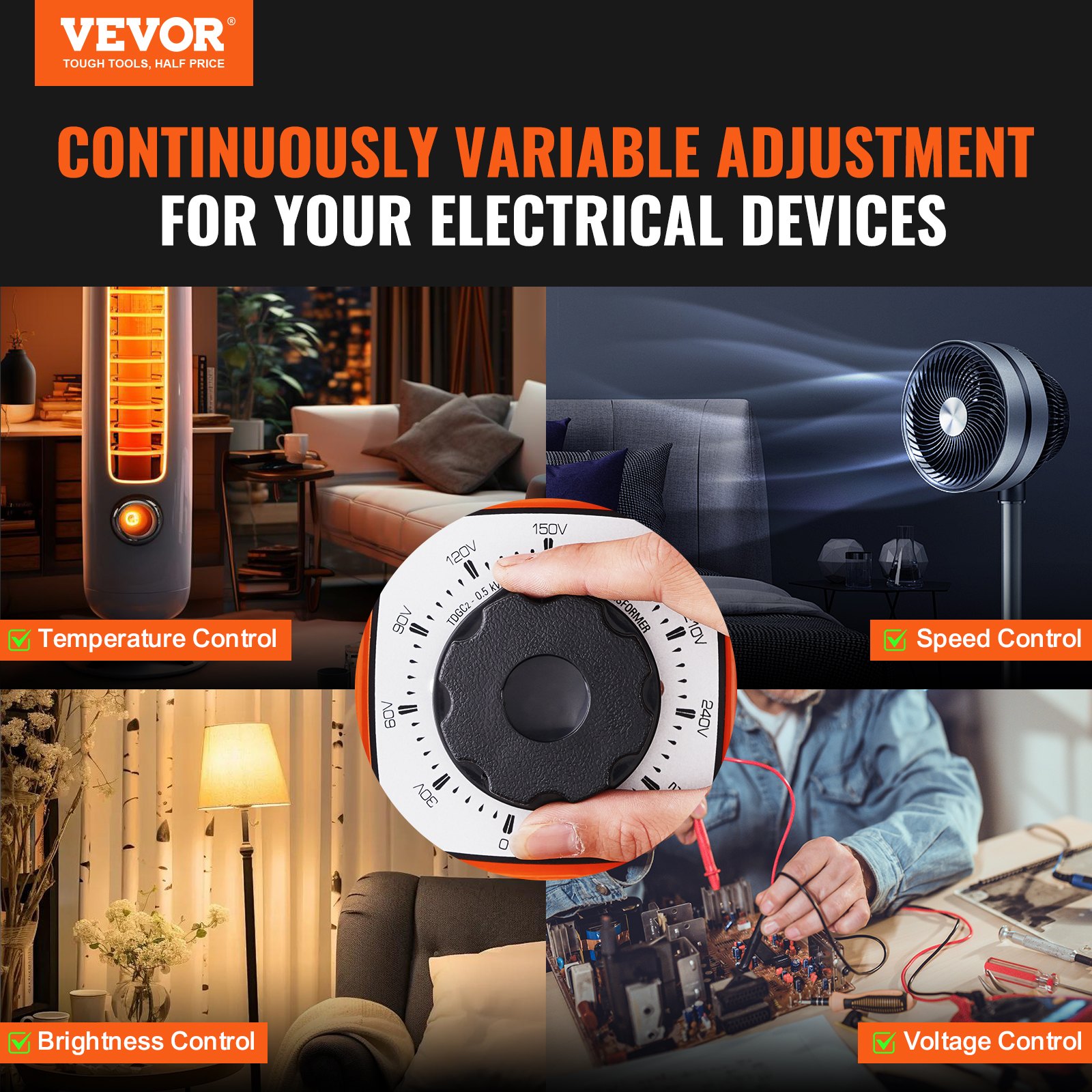 VEVOR 500VA Auto Variable Voltage Transformer, 1.7 Amp, 230V Input 0-300V Output AC Voltage Regulator Power Supply, with 4 Extra Fuses Thermal Control Switch for Home Industrial Office, CE-Certified