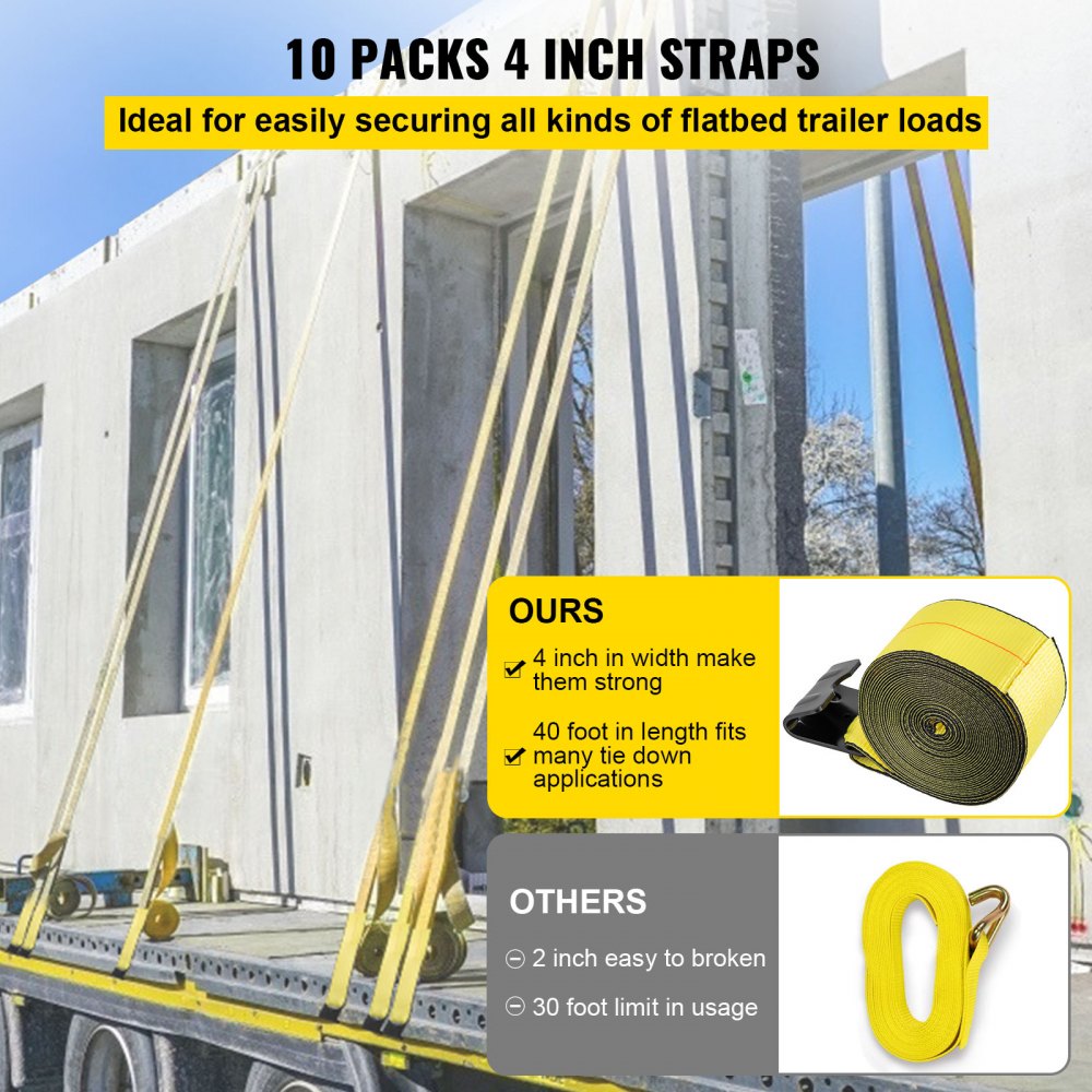 VEVOR Flatbed Straps, 4 Inch Straps for Flatbed Trucks, 10 Packs Semi Truck Straps, 4" x40' Winch Strap, 17,637lb Breaking Strength Winch Strap with Flat Hooks, Yellow 4" x40' Flatbed Trailer Strap