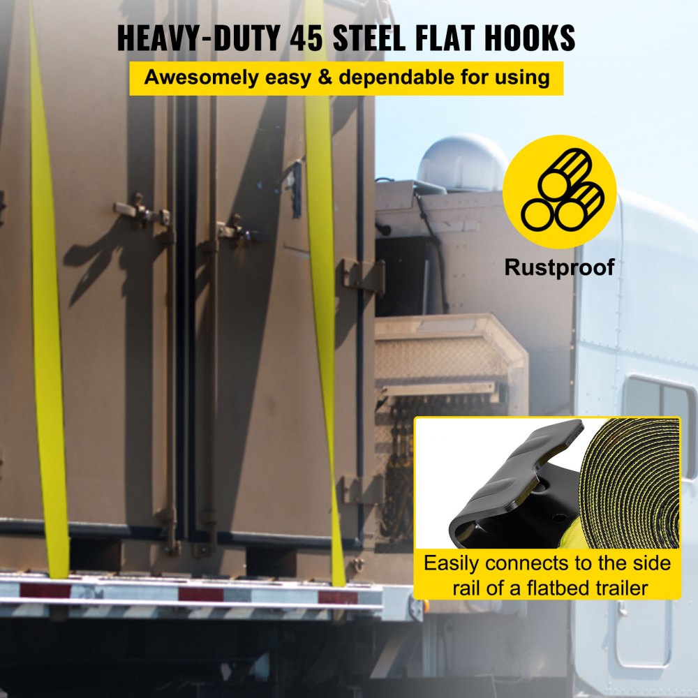 VEVOR Flatbed Straps, 4 Inch Straps for Flatbed Trucks, 10 Packs Semi Truck Straps, 4" x40' Winch Strap, 17,637lb Breaking Strength Winch Strap with Flat Hooks, Yellow 4" x40' Flatbed Trailer Strap