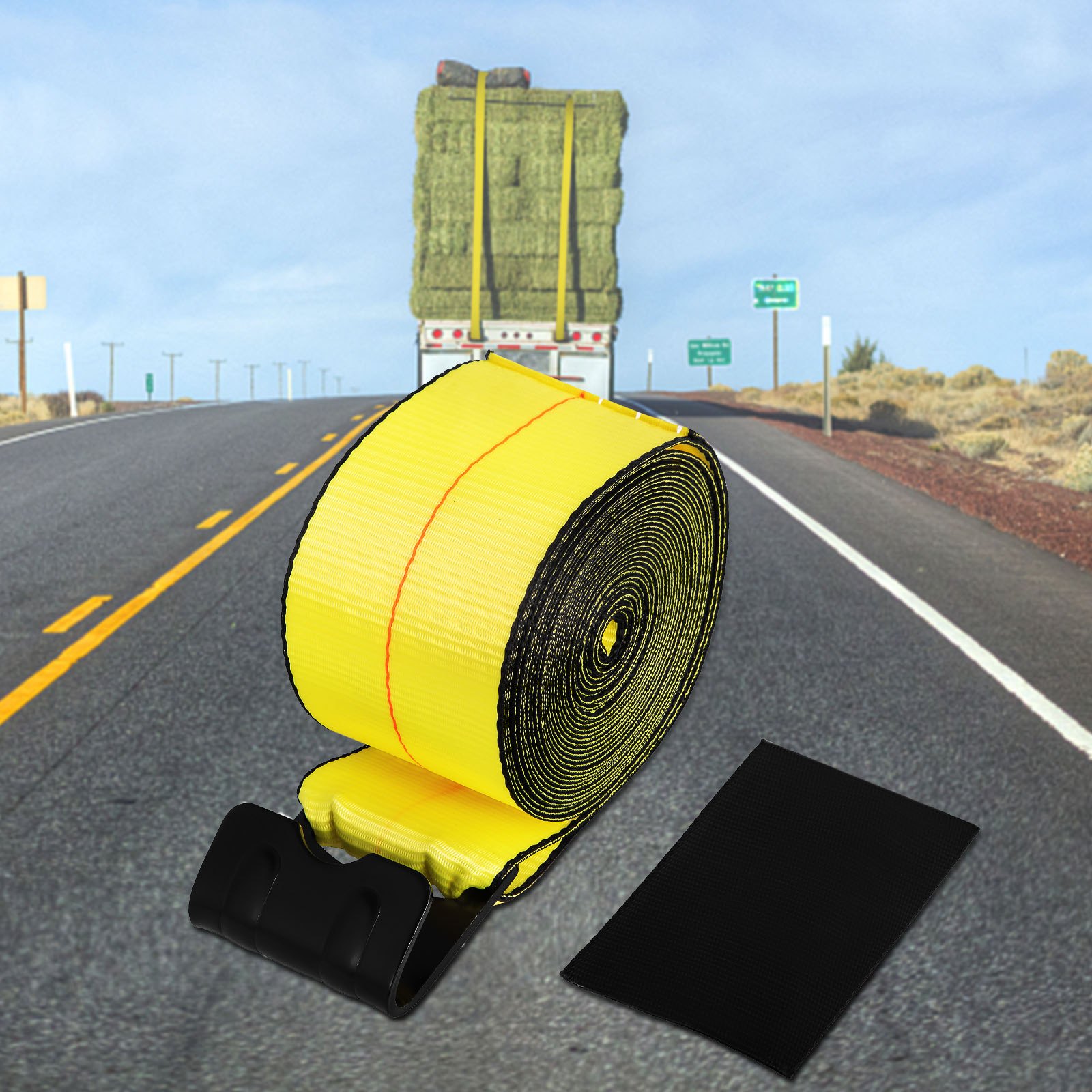 VEVOR Flatbed Straps, 4 Inch Straps for Flatbed Trucks, 10 Packs Semi Truck Straps, 4" x40' Winch Strap, 17,637lb Breaking Strength Winch Strap with Flat Hooks, Yellow 4" x40' Flatbed Trailer Strap
