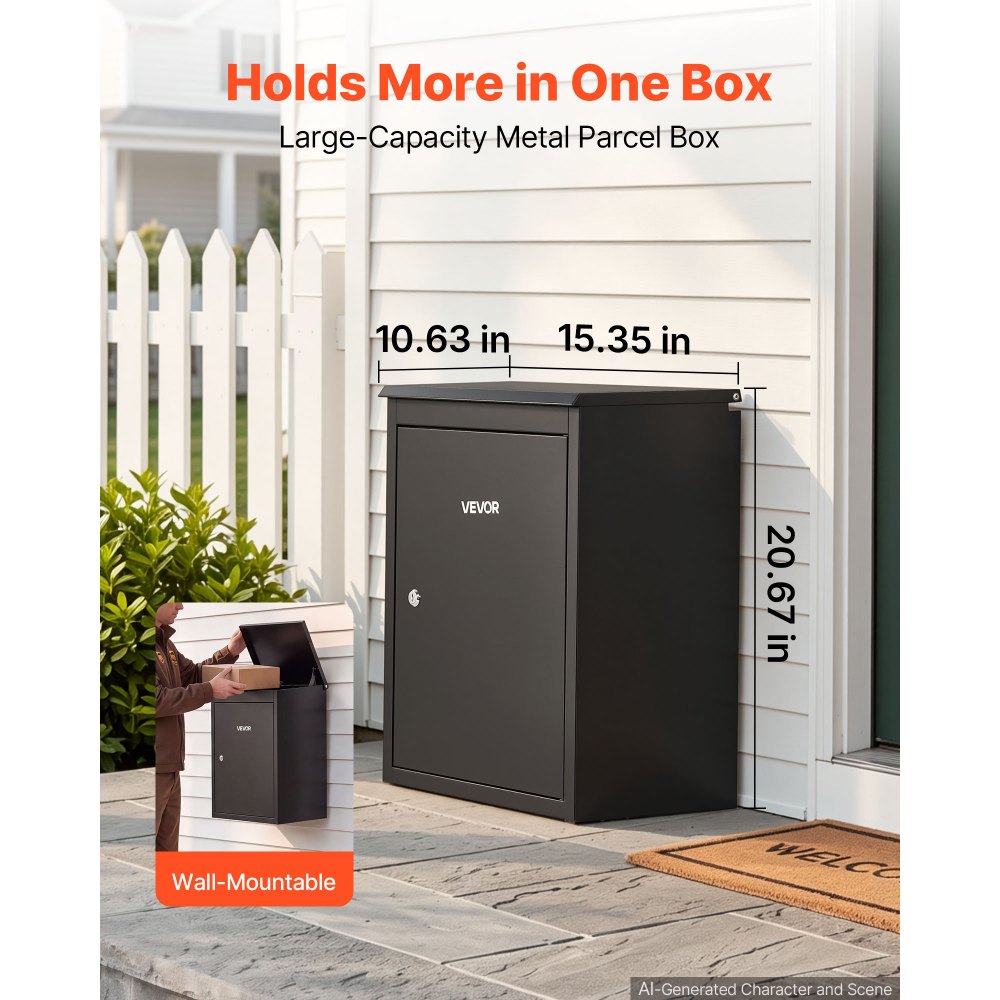 VEVOR Package Delivery Box for Outside 20.67 in Wall Mount Parcel Drop Box, for Porch, Curbside & House Storage, Lockable Anti-Theft Waterproof Weatherproof, Large Metal Mailbox for Outdoor, Black