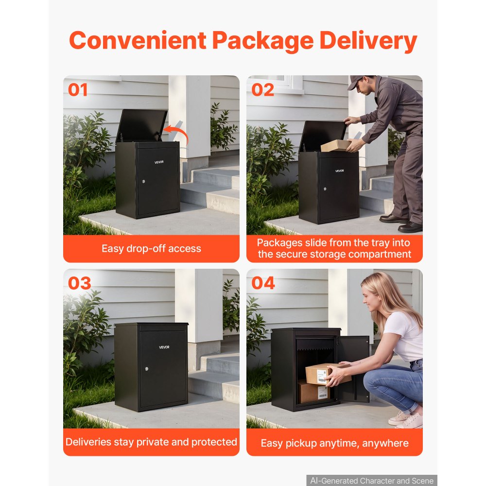 VEVOR Package Delivery Box for Outside 20.67 in Wall Mount Parcel Drop Box, for Porch, Curbside & House Storage, Lockable Anti-Theft Waterproof Weatherproof, Large Metal Mailbox for Outdoor, Black