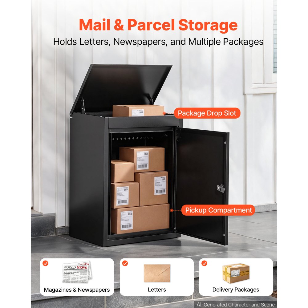 VEVOR Package Delivery Box for Outside 20.67 in Wall Mount Parcel Drop Box, for Porch, Curbside & House Storage, Lockable Anti-Theft Waterproof Weatherproof, Large Metal Mailbox for Outdoor, Black