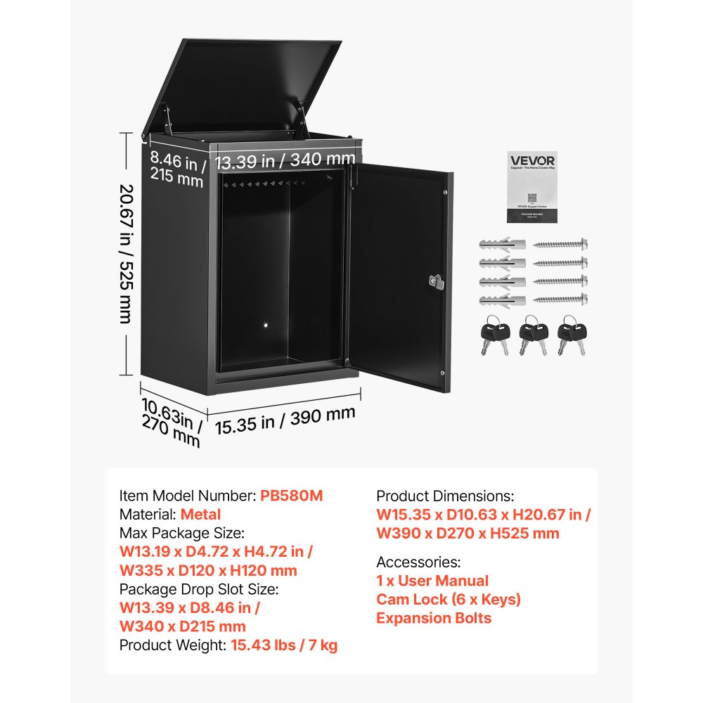 VEVOR Package Delivery Box for Outside 20.67 in Wall Mount Parcel Drop Box, for Porch, Curbside & House Storage, Lockable Anti-Theft Waterproof Weatherproof, Large Metal Mailbox for Outdoor, Black