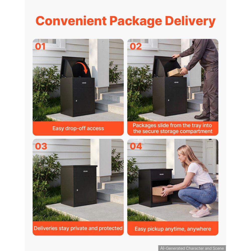 VEVOR Package Delivery Box for Outside 22.95 in Wall Mount Parcel Drop Box, for Porch, Curbside & House Storage, Lockable Anti-Theft Waterproof Weatherproof, Large Metal Mailbox for Outdoor, Black