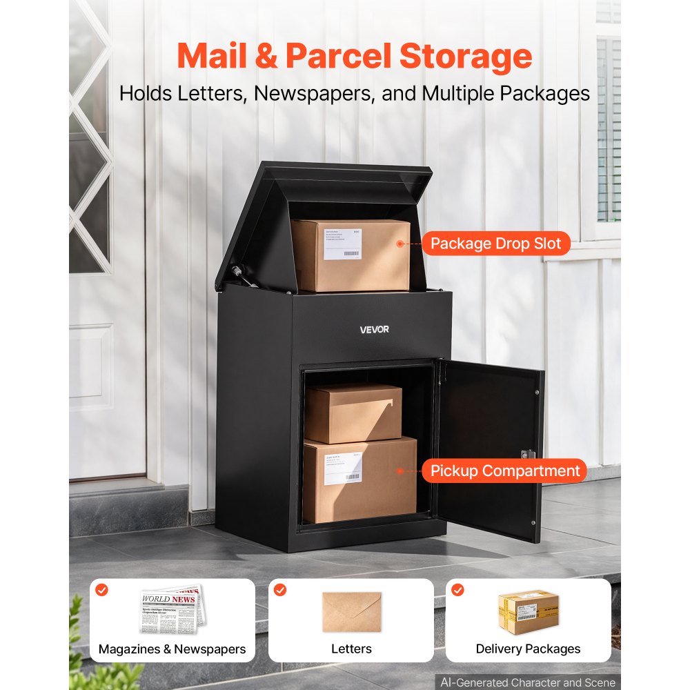 VEVOR Package Delivery Box for Outside 22.95 in Wall Mount Parcel Drop Box, for Porch, Curbside & House Storage, Lockable Anti-Theft Waterproof Weatherproof, Large Metal Mailbox for Outdoor, Black
