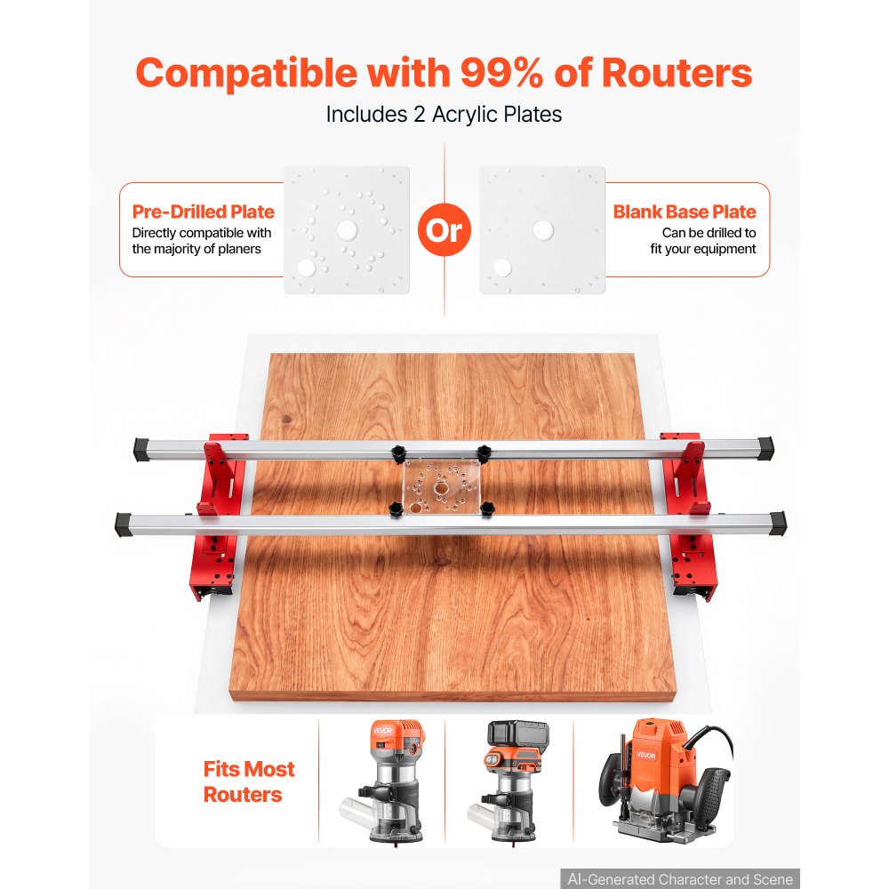 VEVOR Router Sled 1626 mm Trimming Planing Machine for Flattening Slabs, for Home DIY Woodworking Routers, Travel Height Adjustable, Slab Flattening Jig, Wide Working Range, with Precision Roller