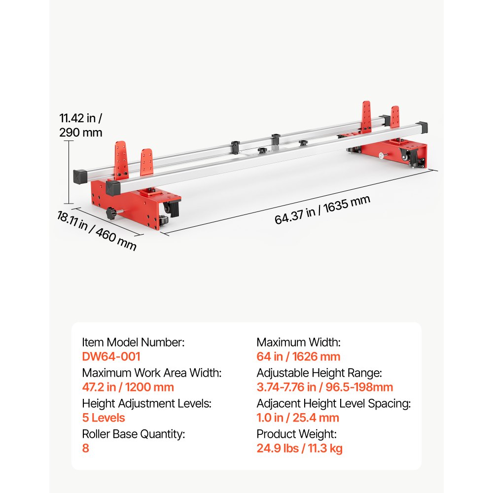 VEVOR Router Sled 1626 mm Trimming Planing Machine for Flattening Slabs, for Home DIY Woodworking Routers, Travel Height Adjustable, Slab Flattening Jig, Wide Working Range, with Precision Roller