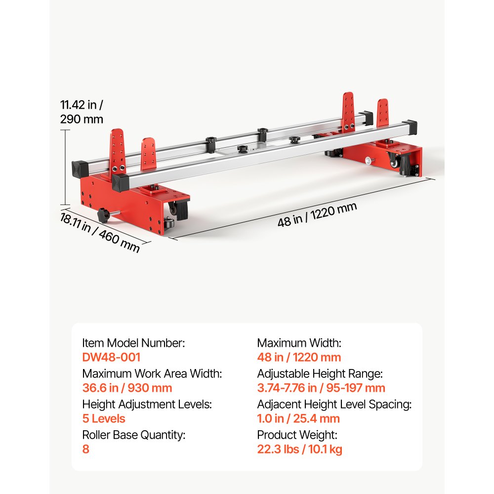VEVOR Router Sled 1220 mm Trimming Planing Machine for Flattening Slabs, for Home DIY Woodworking Routers, Travel Height Adjustable, Slab Flattening Jig, Wide Working Range, with Precision Roller