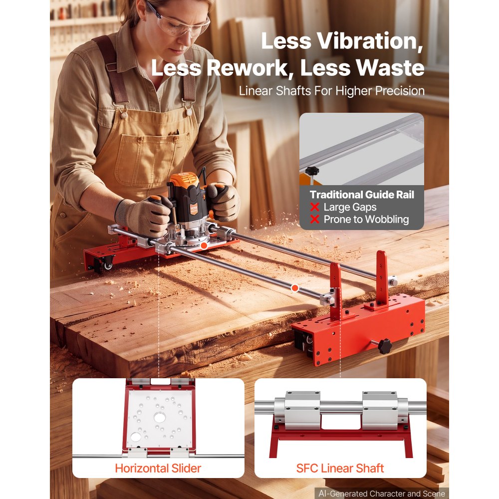 VEVOR Router Sled 1220 mm Jig for Flattening Slabs with SFC Linear Shaft, for DIY Woodworking Routers, Travel Height Adjustable, Trimming Planing Machine, Wide Working Range, with Precision Roller