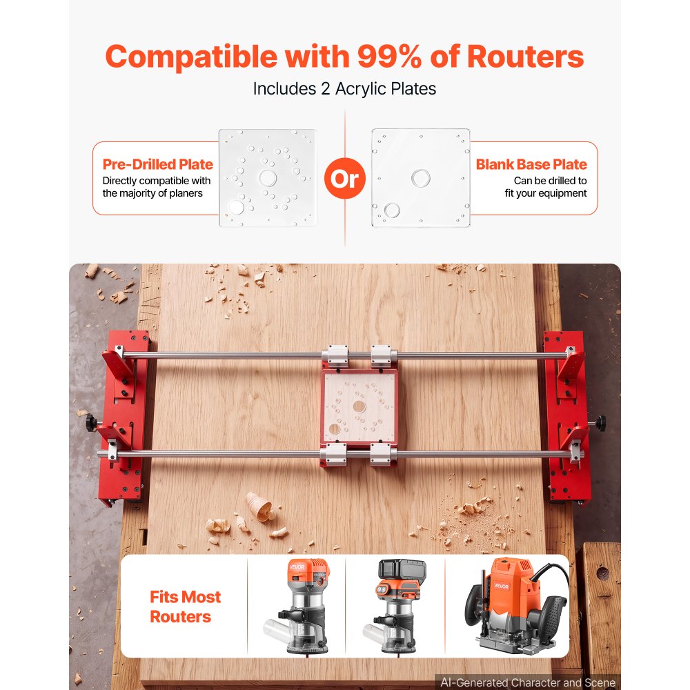 VEVOR Router Sled 1220 mm Jig for Flattening Slabs with SFC Linear Shaft, for DIY Woodworking Routers, Travel Height Adjustable, Trimming Planing Machine, Wide Working Range, with Precision Roller