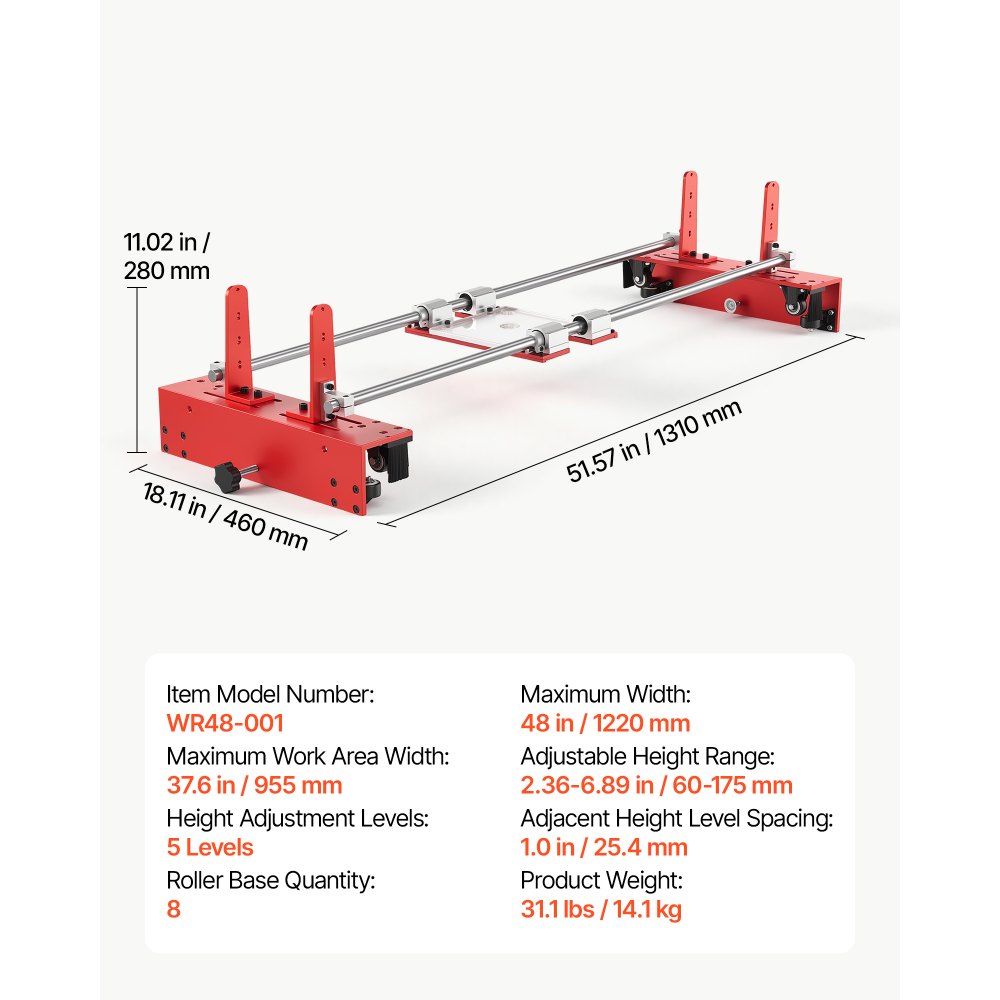 VEVOR Router Sled 1220 mm Jig for Flattening Slabs with SFC Linear Shaft, for DIY Woodworking Routers, Travel Height Adjustable, Trimming Planing Machine, Wide Working Range, with Precision Roller