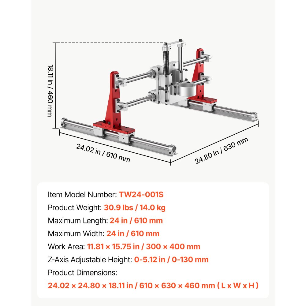 VEVOR Slab Flattening Router Sled 610 mm 2-In-1 Wood Router Gantry Jig, for Woodworking Slab Flattening & Precision Drilling, Flexible Height Adjustment, 3 Linear Guide Rails, Wide Working Range