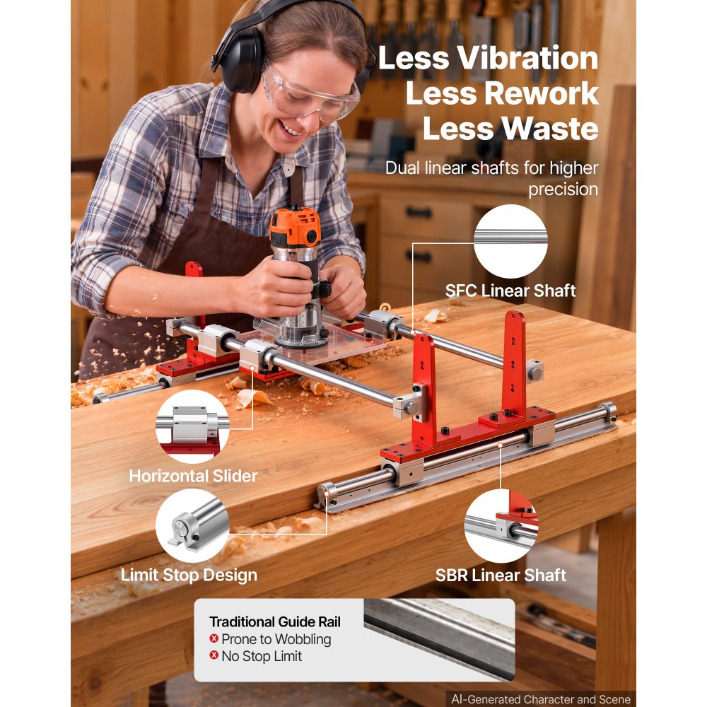 VEVOR Router Sled 610 mm Jig for Flattening Slabs with Dual Linear Shafts, for Home DIY Woodworking Routers, Travel Height Adjustable, Trimming Planing Machine, Wide Working Range, with Acrylic Plate