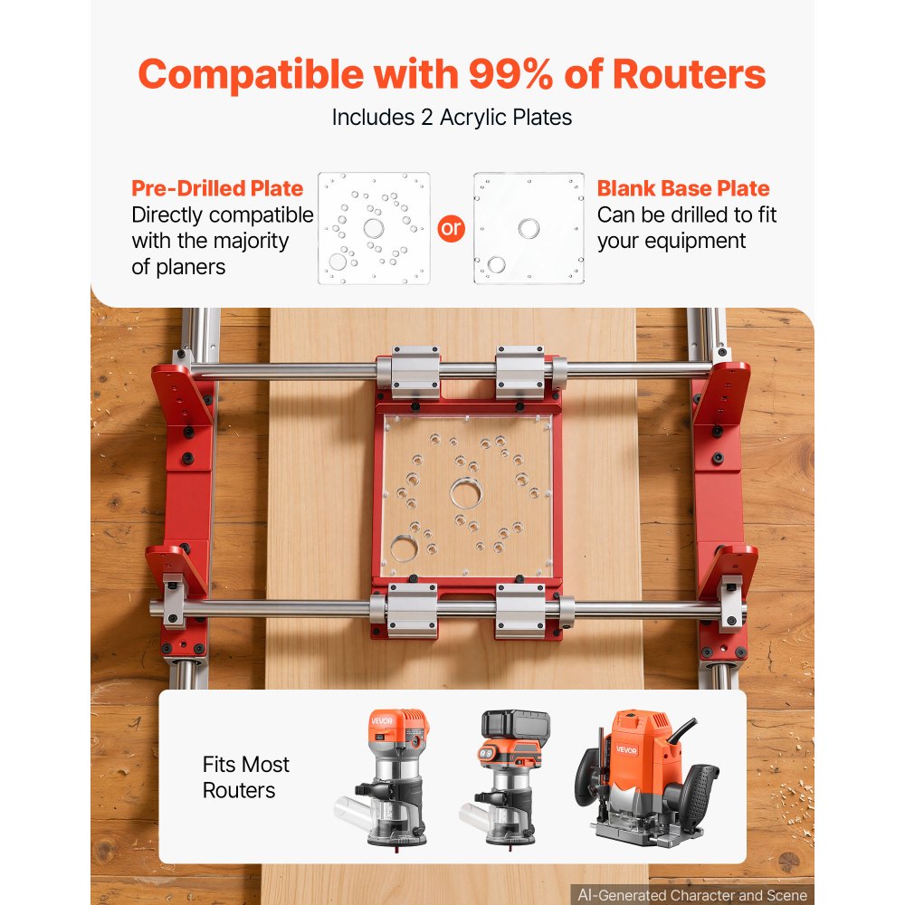 VEVOR Router Sled 610 mm Jig for Flattening Slabs with Dual Linear Shafts, for Home DIY Woodworking Routers, Travel Height Adjustable, Trimming Planing Machine, Wide Working Range, with Acrylic Plate