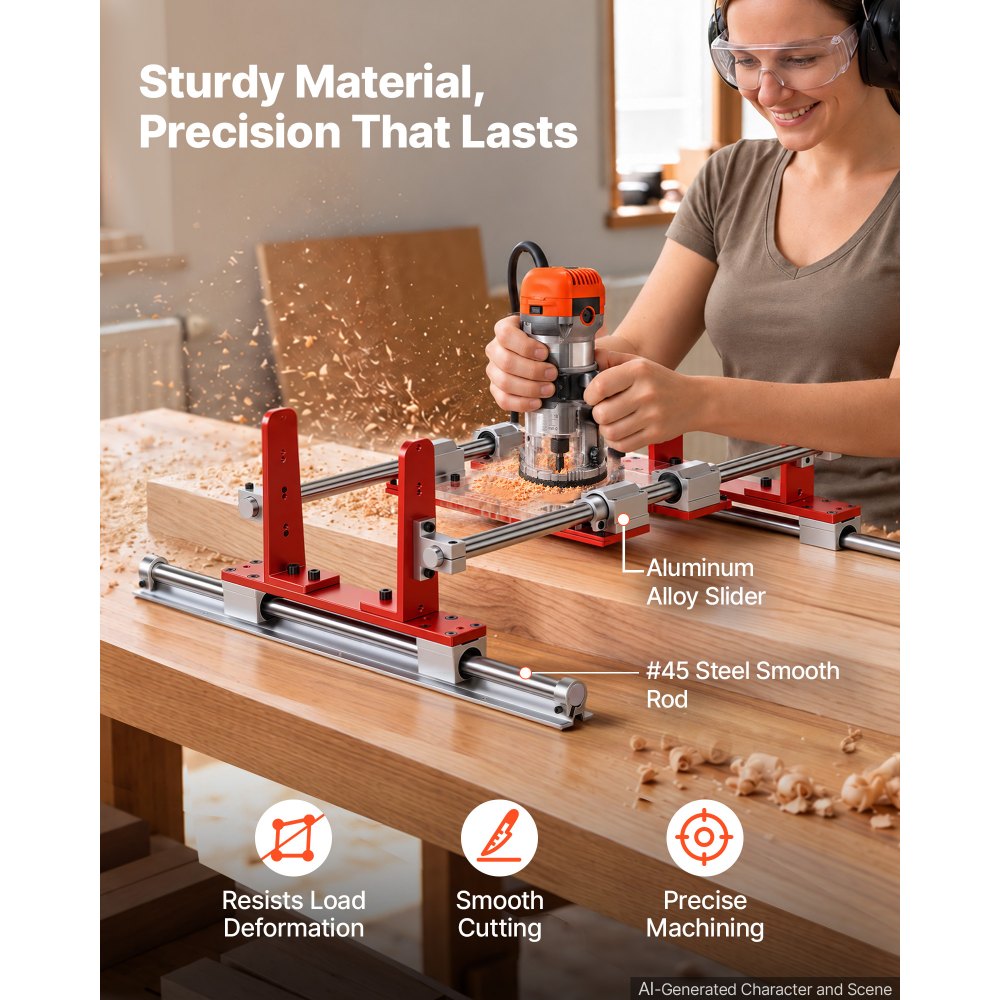 VEVOR Router Sled 610 mm Jig for Flattening Slabs with Dual Linear Shafts, for Home DIY Woodworking Routers, Travel Height Adjustable, Trimming Planing Machine, Wide Working Range, with Acrylic Plate