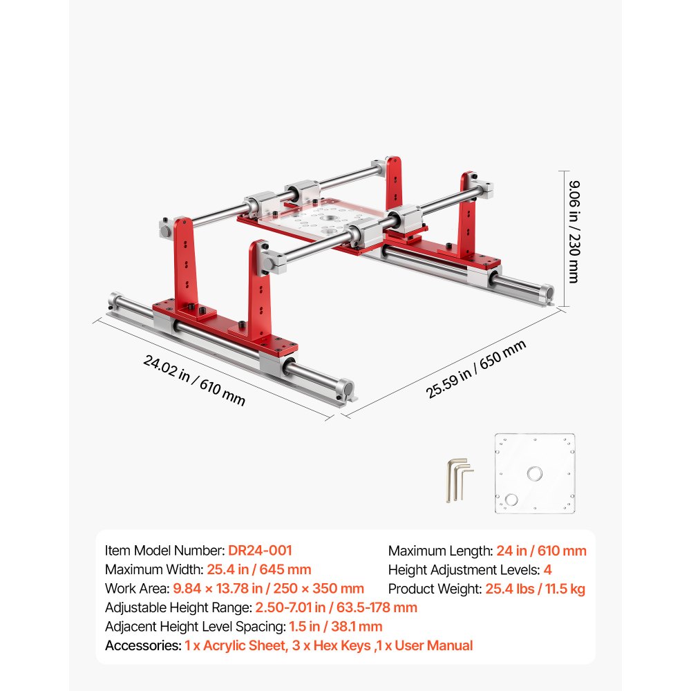 VEVOR Router Sled 610 mm Jig for Flattening Slabs with Dual Linear Shafts, for Home DIY Woodworking Routers, Travel Height Adjustable, Trimming Planing Machine, Wide Working Range, with Acrylic Plate