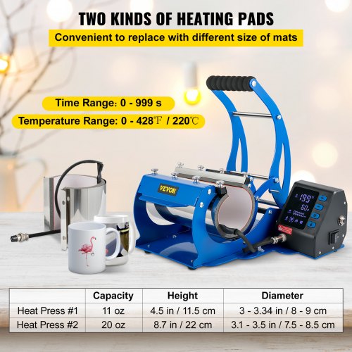 VEVOR Mug Heat Press, 11oz/11.5cm and 20oz/22cm Two Platens, LCD Cup Press Machine with Detachable Transfer Sublimation Mats, DIY Presser for Coffee Skinny Tumblers, Silica-Gel Printing, Blue