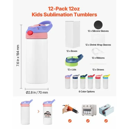 VEVOR 12 oz Sublimation Tumblers  12-Pack, Lids & Straws