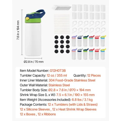 VEVOR 12 oz Sublimation Tumblers  12-Pack, Lids & Straws
