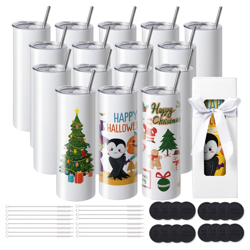 VEVOR sublimation tumblers with festive designs, straws, lids, cleaning brushes, and a gift box.