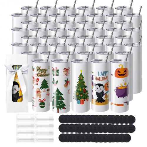 VEVOR 50 Pack Sublimation Tumblers 20oz Skinny Straight, Stainless Steel Sublimation Tumblers Blank, Stainless Steel Double Wall Tumbler for Heat Transfer Customized Gifts with Lid and Straw, Gift Box