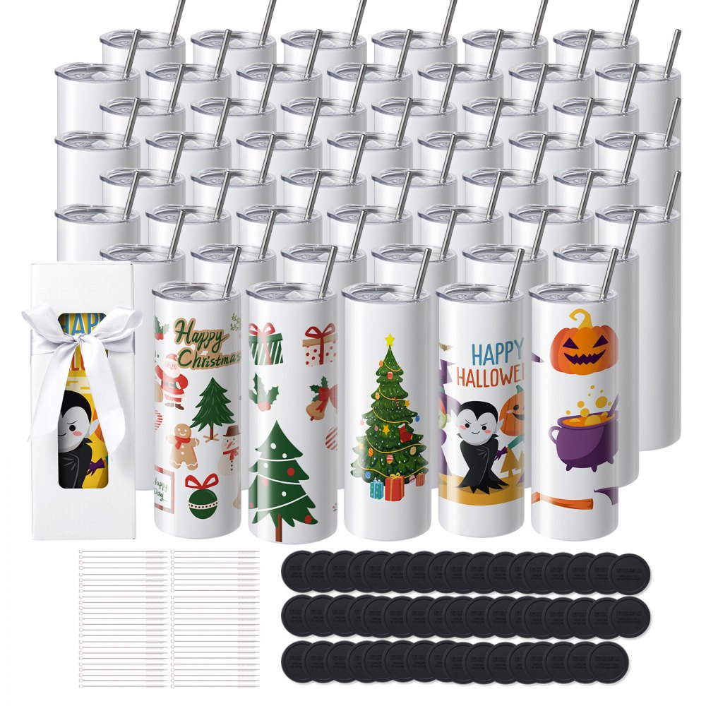 VEVOR 50 Pack Straight Sublimation Tumblers, 20 oz Blank Tumbler Bulk, Stainless Steel Double Wall Tumbler Cups with Straw, Lid, Brush, Base, Shrink Wrap, Gift Box, for Heat Press and Heat Transfer