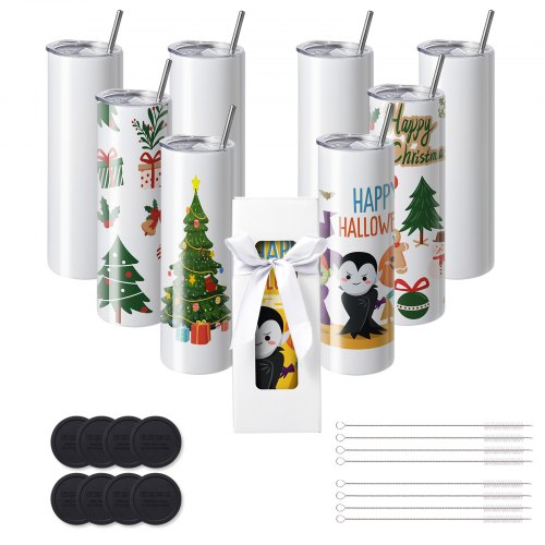 VEVOR 8 Pack 30 Oz Sublimation Tumblers, Skinny Straight Stainless Steel Blanks Cups, Stainless Steel Double Wall Tumbler for Heat Transfer Customized Gifts with Lid and Straw, Gift Box