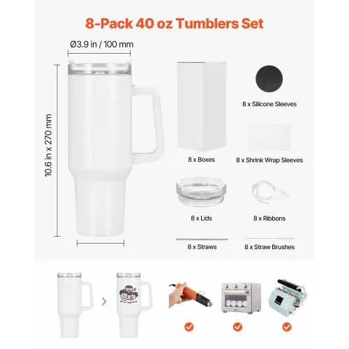 VEVOR 40 oz Sublimation Tumblers  8 Pack, 304 Steel, Handle