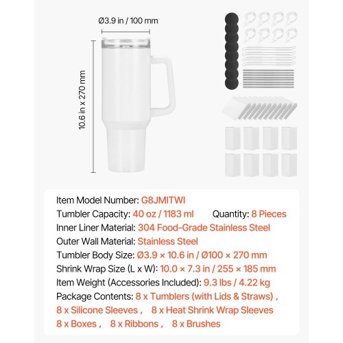 VEVOR 40 oz Sublimation Tumblers  8 Pack, 304 Steel, Handle